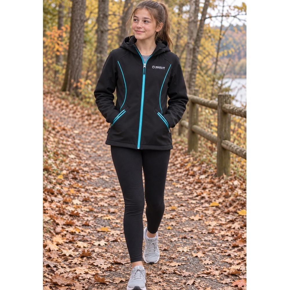 Magellan Outdoors Girls XL 16 Black Teal Fleece Lined Hooded Softshell Jacket